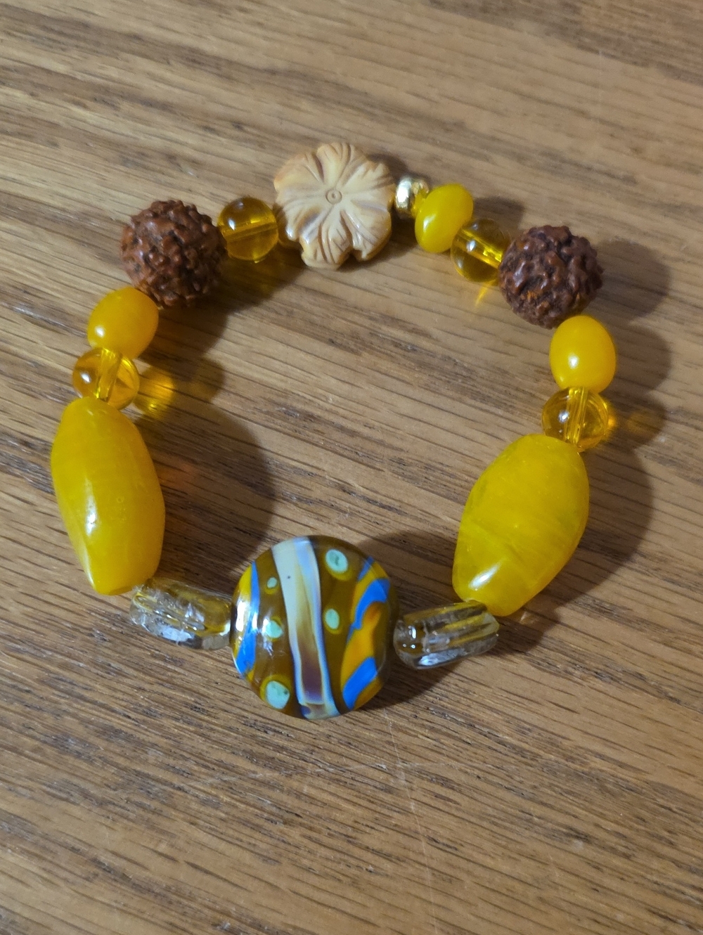 Yellow Beaded Stretch Bracelet with Decorative Glass Focal
